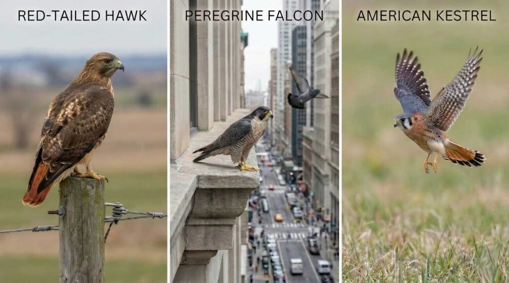 hawk vs. falcon: the ultimate guide to identifying birds of prey Hawk vs falcon silhouettes patrolling the open skies often trigger a moment of pause for nature enthusiasts, sparking an immediate curiosity about the predator overhead.
"Hawk or falcon?" is the question that inevitably follows, yet few observers realize that the answer involves a biological divide as vast as the one separating wolves from tigers.
Hawks and falcons may share the same high-altitude lifestyle and carnivorous diet, but beneath the feathers, they belong to entirely different evolutionary families that diverged millions of years ago.
Hawk and falcon differentiation stands as the critical threshold for true birding mastery, moving beyond simple observation to understanding complex genetic lineages.
This hawk and falcon guide aims to dismantle the confusion by rigorously analyzing their unique physical anatomy, aerodynamic flight mechanics, and distinct hunting styles to help you identify them with 100% accuracy.
The Evolutionary Surprise: They Are Not Cousins
The biggest shock in ornithology is that hawks and falcons are not closely related. For centuries, scientists grouped them together. However, modern DNA analysis has rewritten the bird family tree.
Hawks (Accipitridae): They are part of a massive family that includes eagles, kites, harriers, and Old World vultures. They are ancient predators.
Falcons (Falconidae): Believe it or not, falcons are more closely related to parrots and songbirds than they are to hawks. They evolved their "raptor" traits independently—a process called convergent evolution.
Wing Shape and Flight Style
When identifying a bird in flight, ignore the color for a moment and look at the geometry of the wings. This is the most reliable difference.
The Hawk: The Broad-Winged Soarer
Most hawks you see (like the Red-tailed Hawk) are "Buteos."
Wing Shape: Broad, wide, and rounded.
Wing Tips: The primary flight feathers at the tip of the wing are often separated, looking like distinct "fingers" on a hand. These "slots" reduce turbulence and allow the hawk to catch thermals (rising columns of warm air).
Flight Style: Hawks are efficient gliders. They will lock their wings and soar in lazy circles for hours without flapping, using almost no energy.
The Falcon: The Aerodynamic Jet
Falcons are built for speed, not lazy soaring.
Wing Shape: Long, slender, and pointed. They look like boomerangs or sickles.
Wing Tips: Tapered to a sharp point. They do not have "fingers."
Flight Style: Falcons rarely soar in circles. Their flight is active and energetic. You will see rapid, powerful wingbeats followed by a short glide, then more flapping.
Visual Cheat Sheet:
Hawk: Flying Plank (Broad wings, short tail).
Falcon: Flying Anchor (Pointed wings, streamlined).
Head and Beak Anatomy
If you have binoculars or a camera, the face reveals the predator