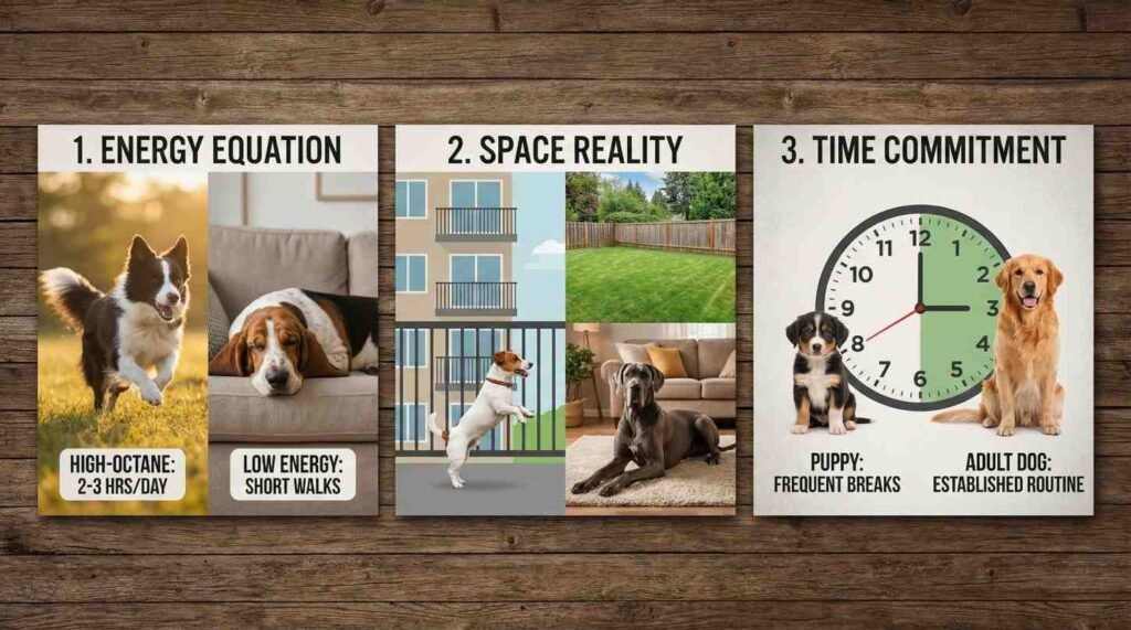 The Big Three of Dog Matching: Energy, Space, and Time