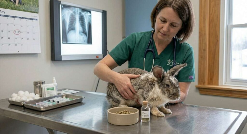 [Image: Veterinarian examining a sick rabbit on a table.]