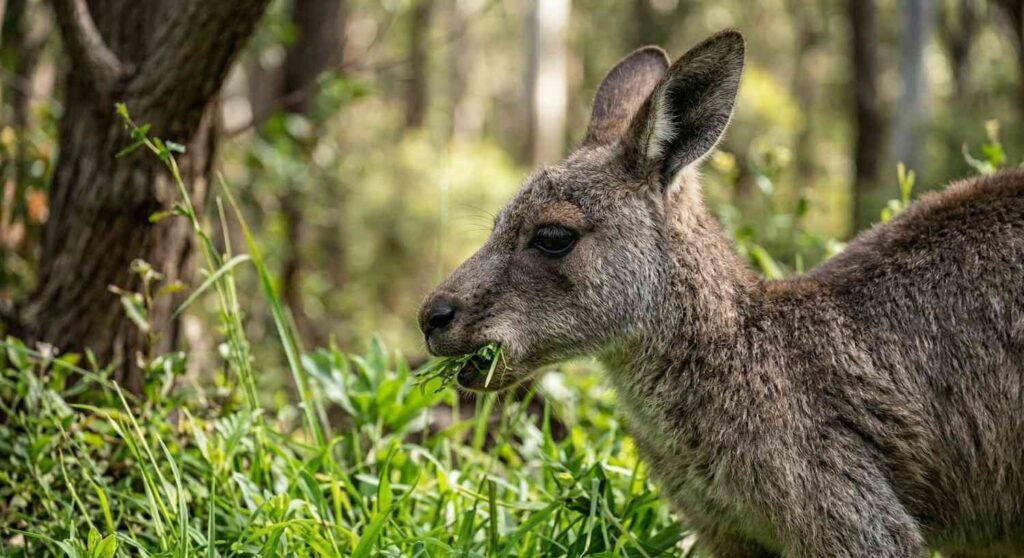 [Image: Eastern grey kangaroo eating lush green grass in woodland.]