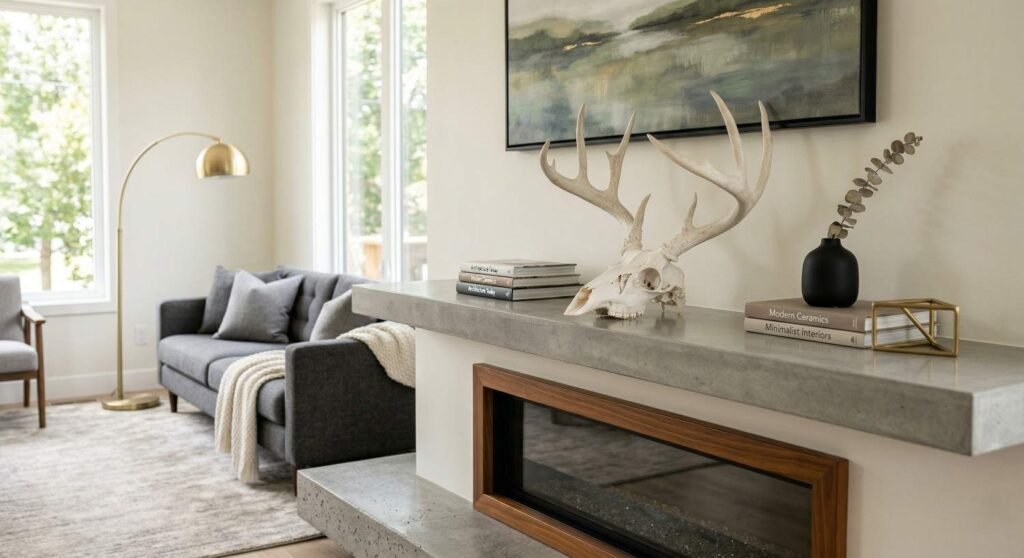  Bright white deer skull mounted on rustic wooden wall.