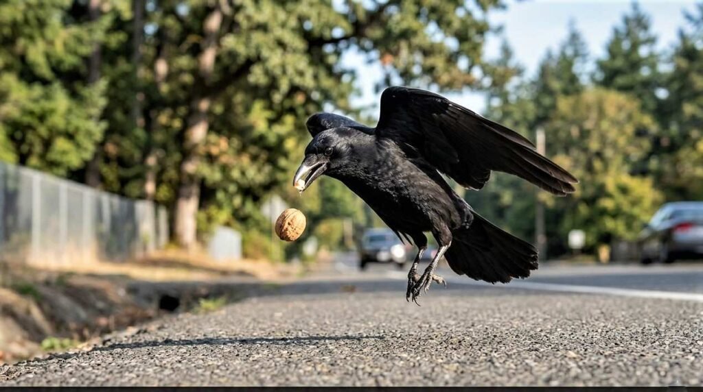 [Image: American crow dropping a nut onto a paved road.]