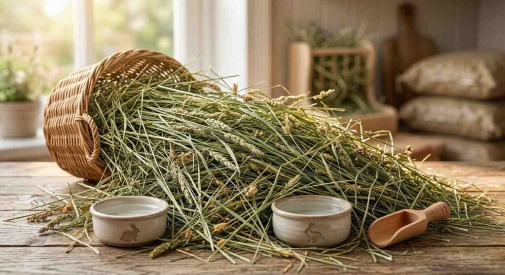 : Large pile of fresh timothy hay for a rabbit.]