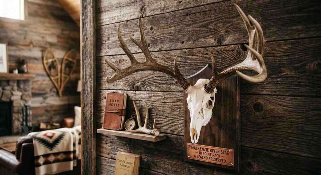 Deer skull resting on a modern living room mantle.