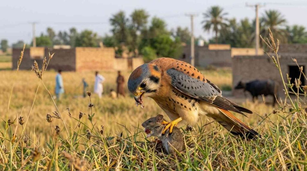 The Bird Kestrel Falcon: Identification, Habitat, and Hunting Secrets : Common kestrel in a field eating a small mouse.