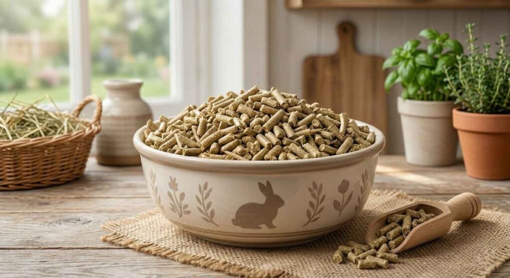 The Ultimate Guide To Rabbit Food Ceramic bowl filled with uniform plain rabbit food pellets