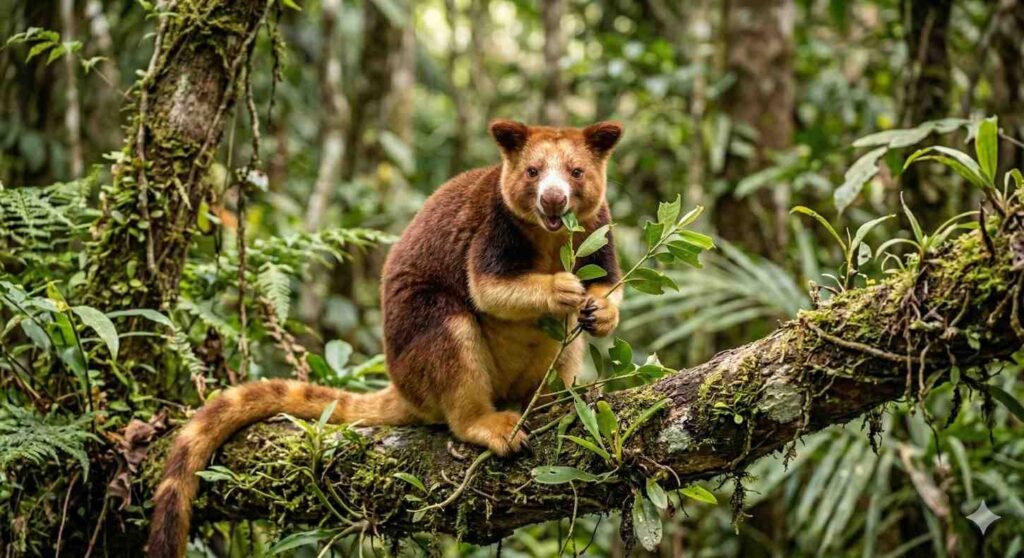 [Image: Cute tree kangaroo chewing on a green leafy branch.]