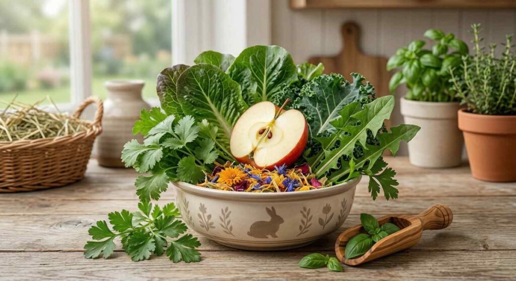 The Ultimate Guide To Rabbit Food Assortment of fresh leafy greens herbs and apple slice