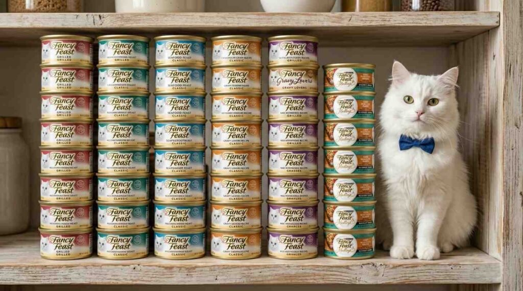 [Image: Several cans of Fancy Feast wet food stacked up.]