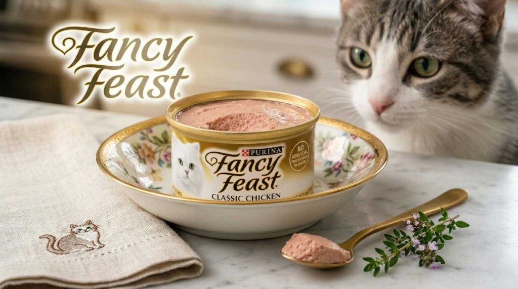 [Image: Close up of Fancy Feast classic chicken pate food.]