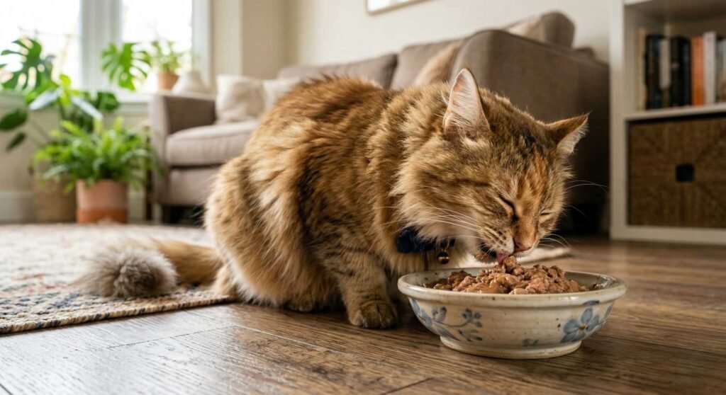 A fluffy cat happily munching on wet food from a ceramic bowl
